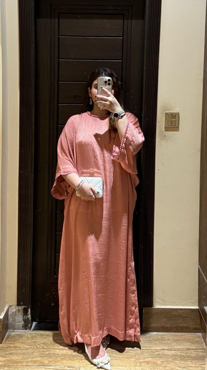 Silk Tea Pink Kaftan Stitched - Korean Chiffon - Image 3