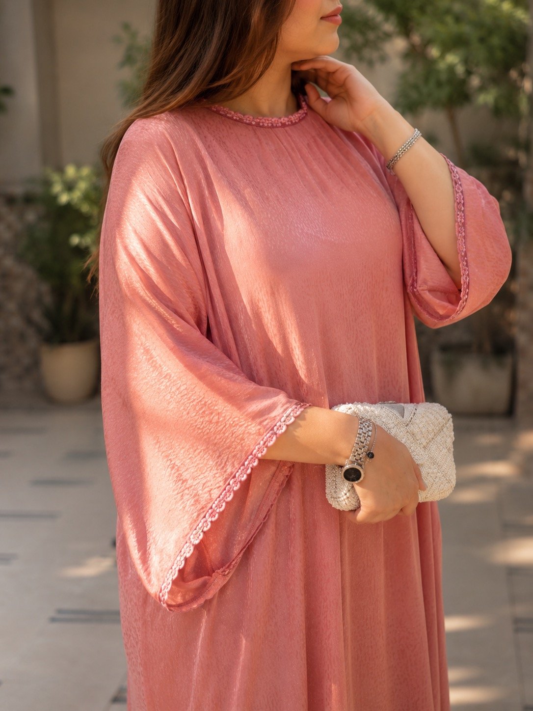 Silk Tea Pink Kaftan Stitched - Korean Chiffon - Image 2