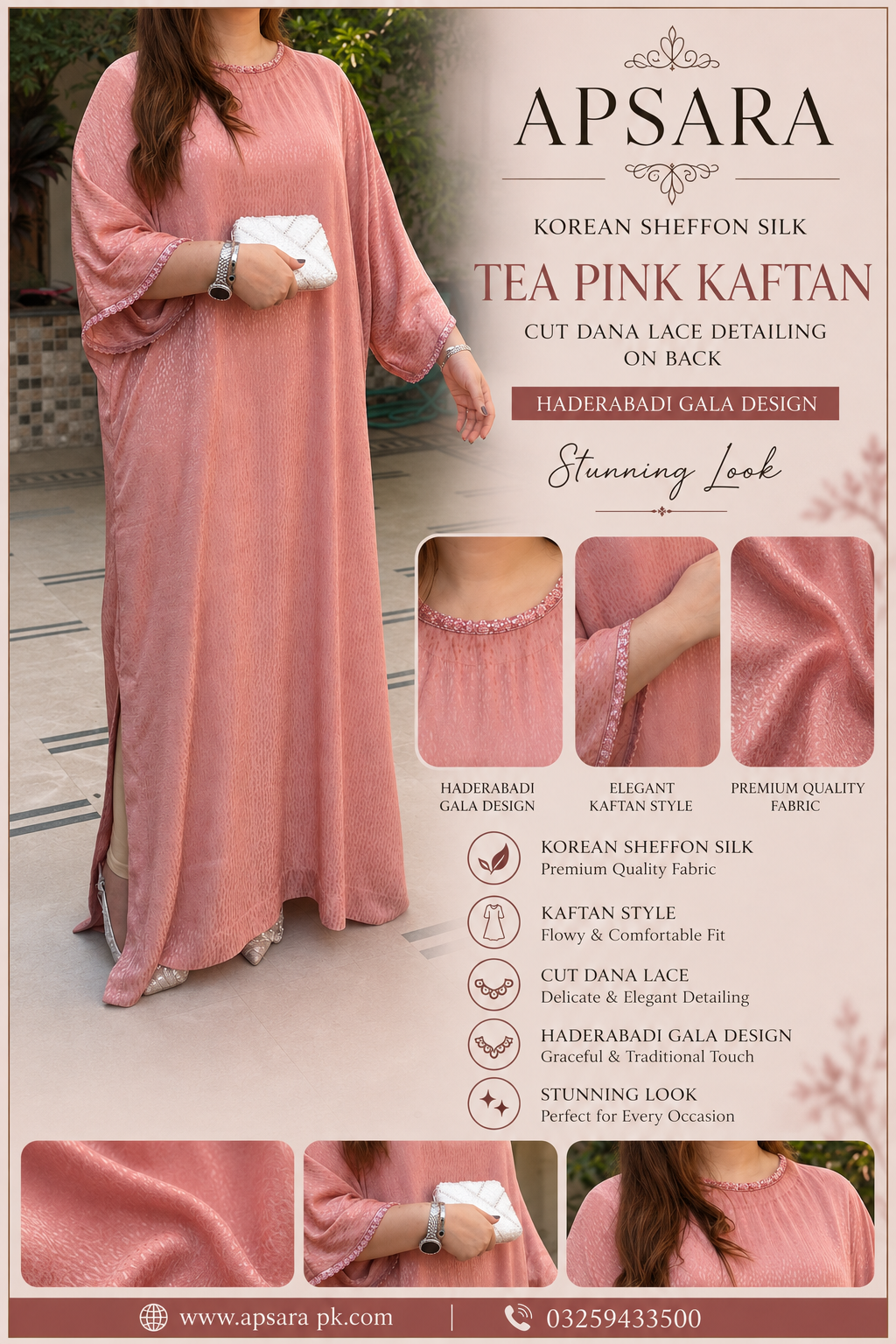 Silk Tea Pink Kaftan Stitched - Korean Chiffon - Image 4