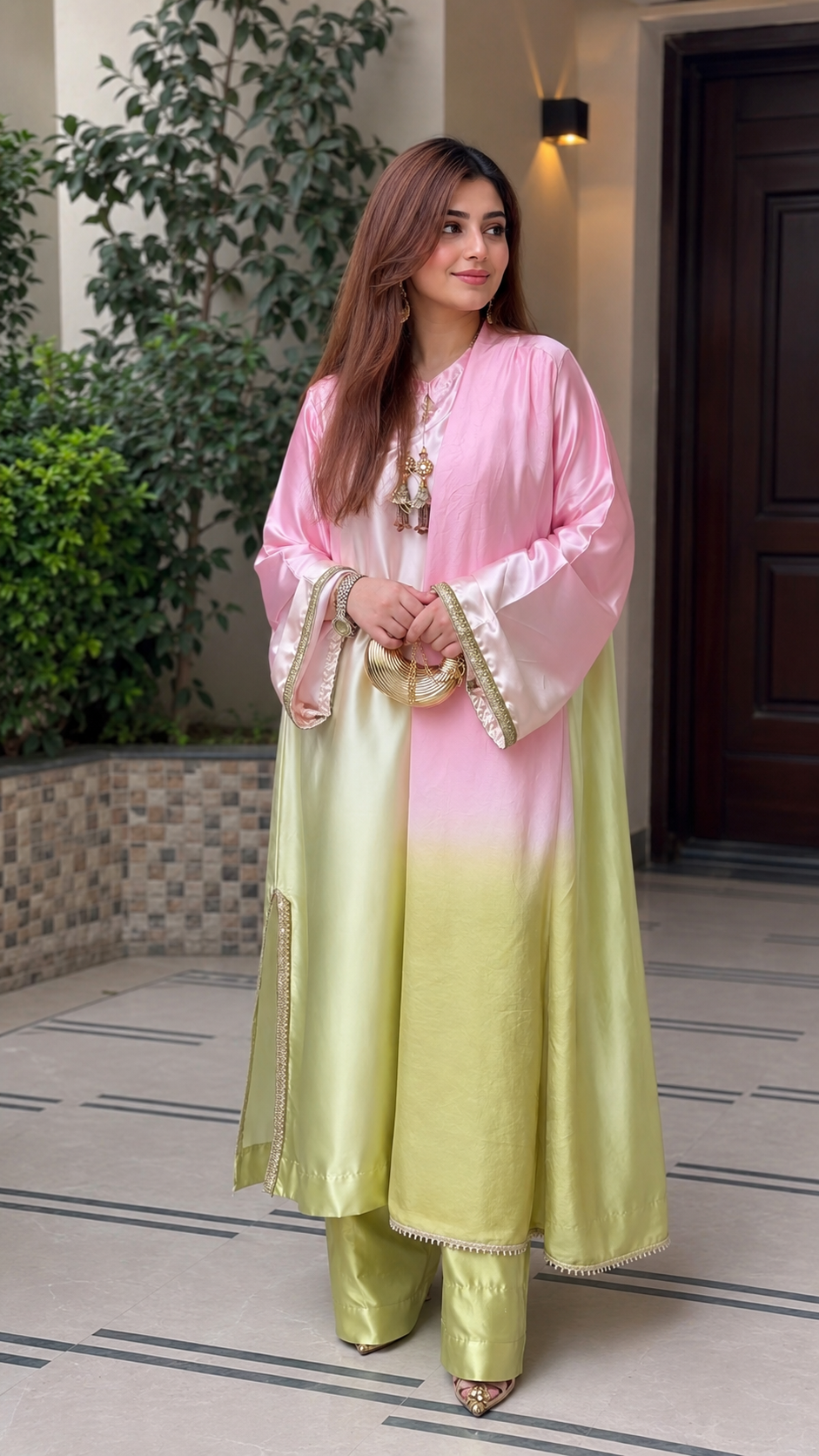 Pink Pistachio silk kaftan 3pc dress