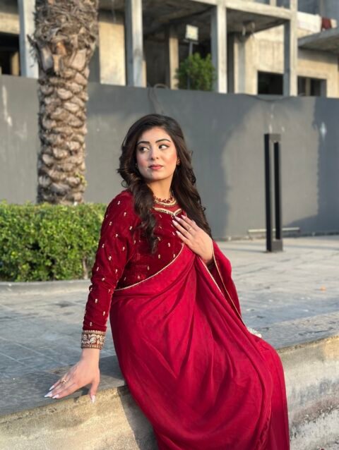 Royal Crimson Red Chiffon Saree with Embroidered Velvet Blouse